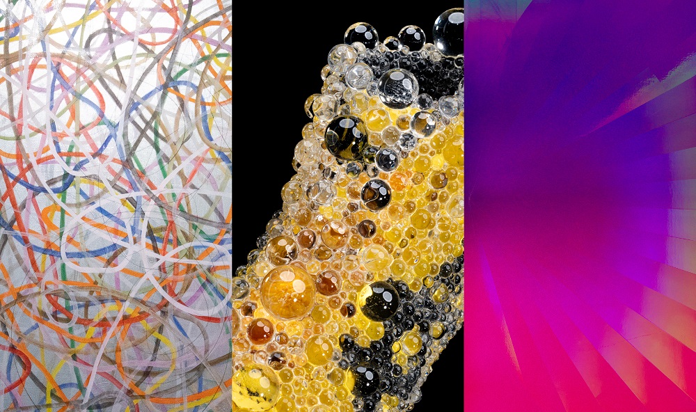 Left: Kengo Kito, buoyancy of color #9 (detail) © Kengo Kito Middle: Kohei Nawa, PixCell-Shoe#13 (L), 2024 (detail). Photography: Nobutada OMOTE © Kohei Nawa Right: Daisuke Ohba, M, 2024 (detail). Photography: Nobutada OMOTE © Daisuke Ohba