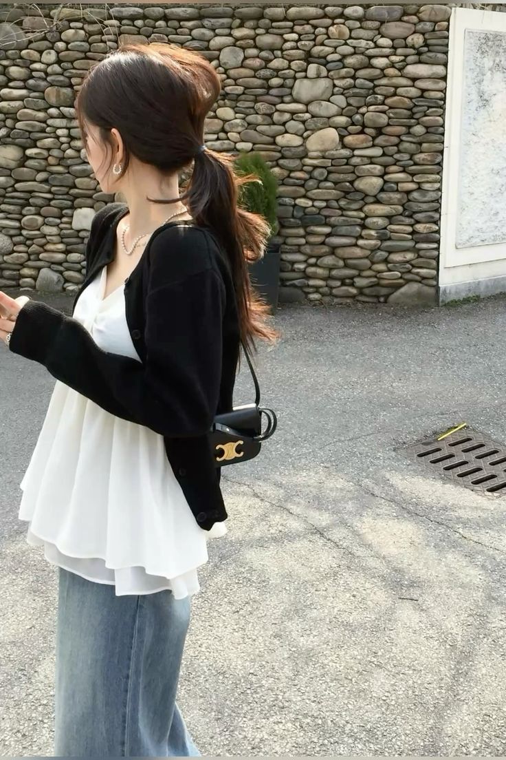 Cardigan + dress over jeans