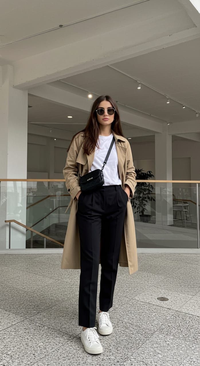 White T-Shirt + Trench Coat