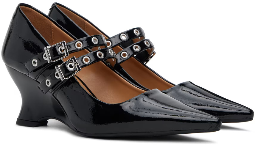GANNI - Black Eyelets Low Wedge Heels