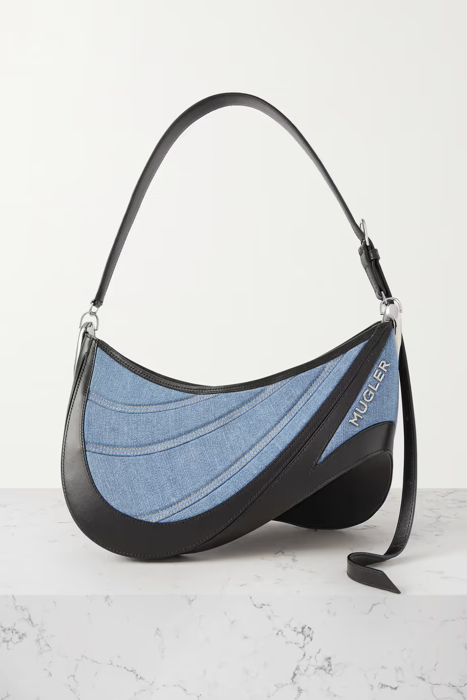 Mugler Spiral Curve medium leather and quilted denim shoulder bag
