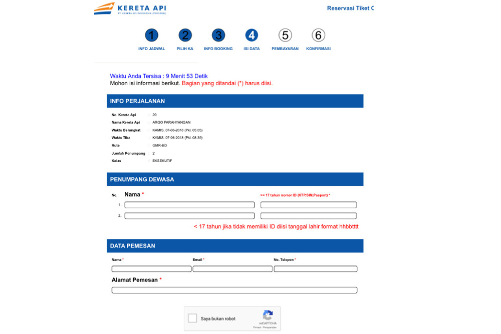 form data penumpang di situs PT KAI