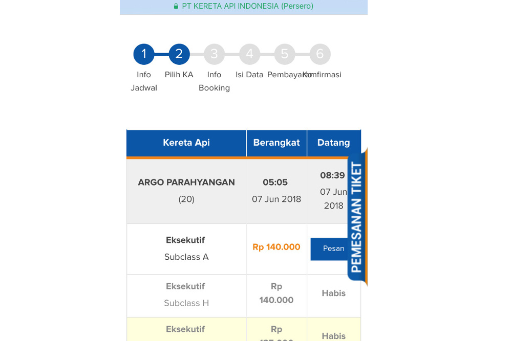 halaman pengecekan ulang informasi penumpang di situs PT KAI
